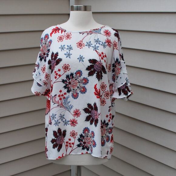 Como Vintage Floral Polka Dot Print Short Sleeve Blouse Size Large - Picture 2 of 11